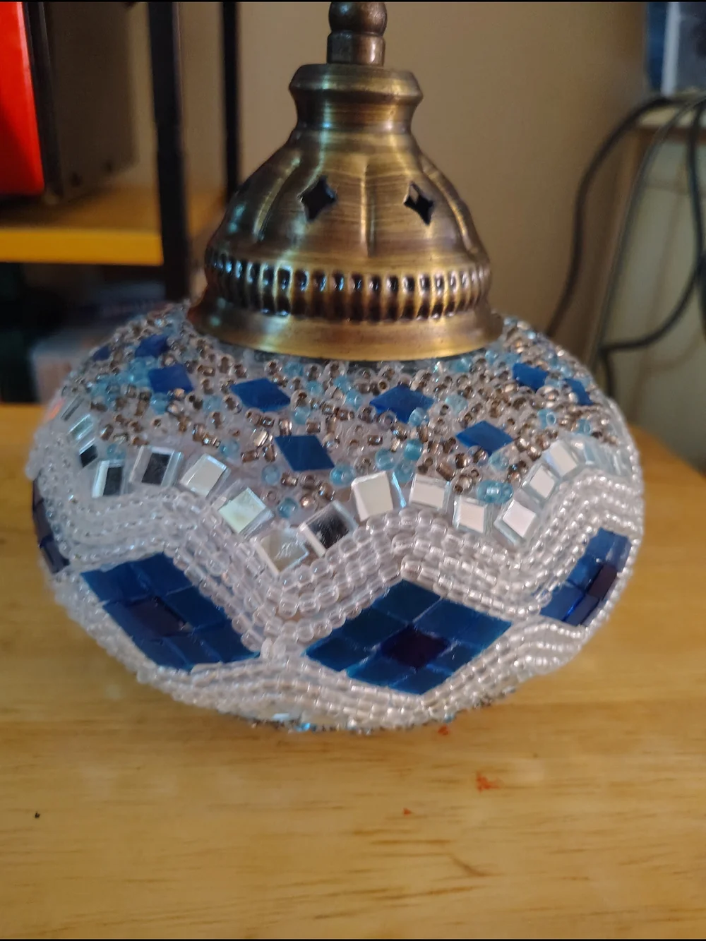 Handcrafted Mosaic Blue Glass Lantern with Antique Brass Accent - Unbranded